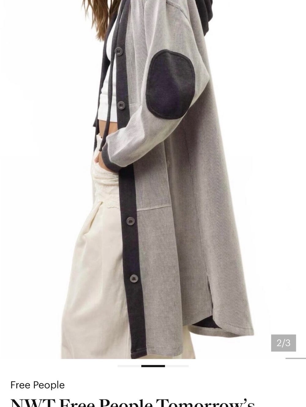 Free People Gray Hooded Longline Cardigan with Black Trim